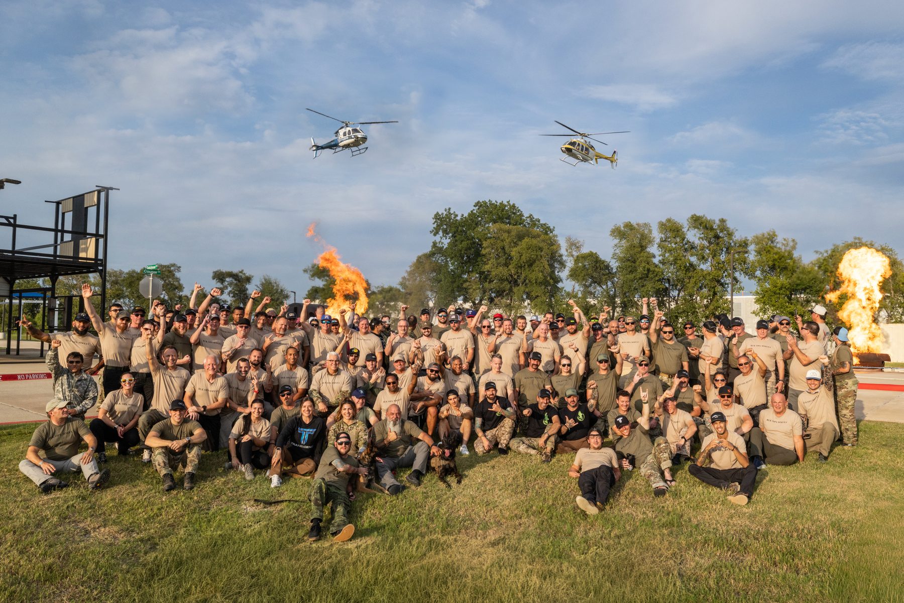 The full Black Ops formation at the Public Safety Training Center — helicopters overhead, McKinney, Texas