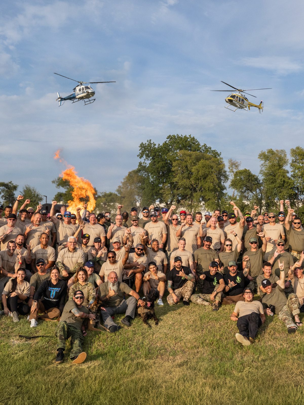 The full Black Ops formation with helicopters overhead at the Public Safety Training Center